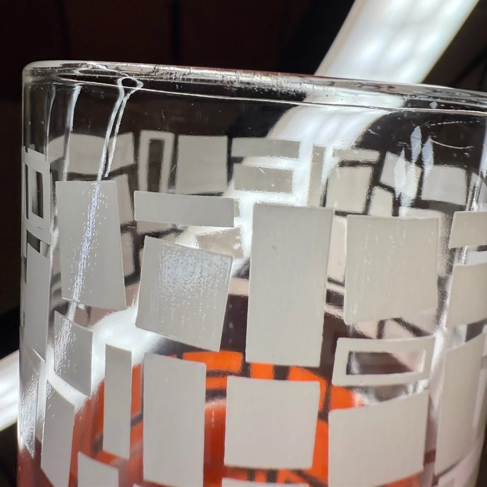 Vintage Mid Century Abstract Shapes Orange Blue White Tumbler Drinking Glass